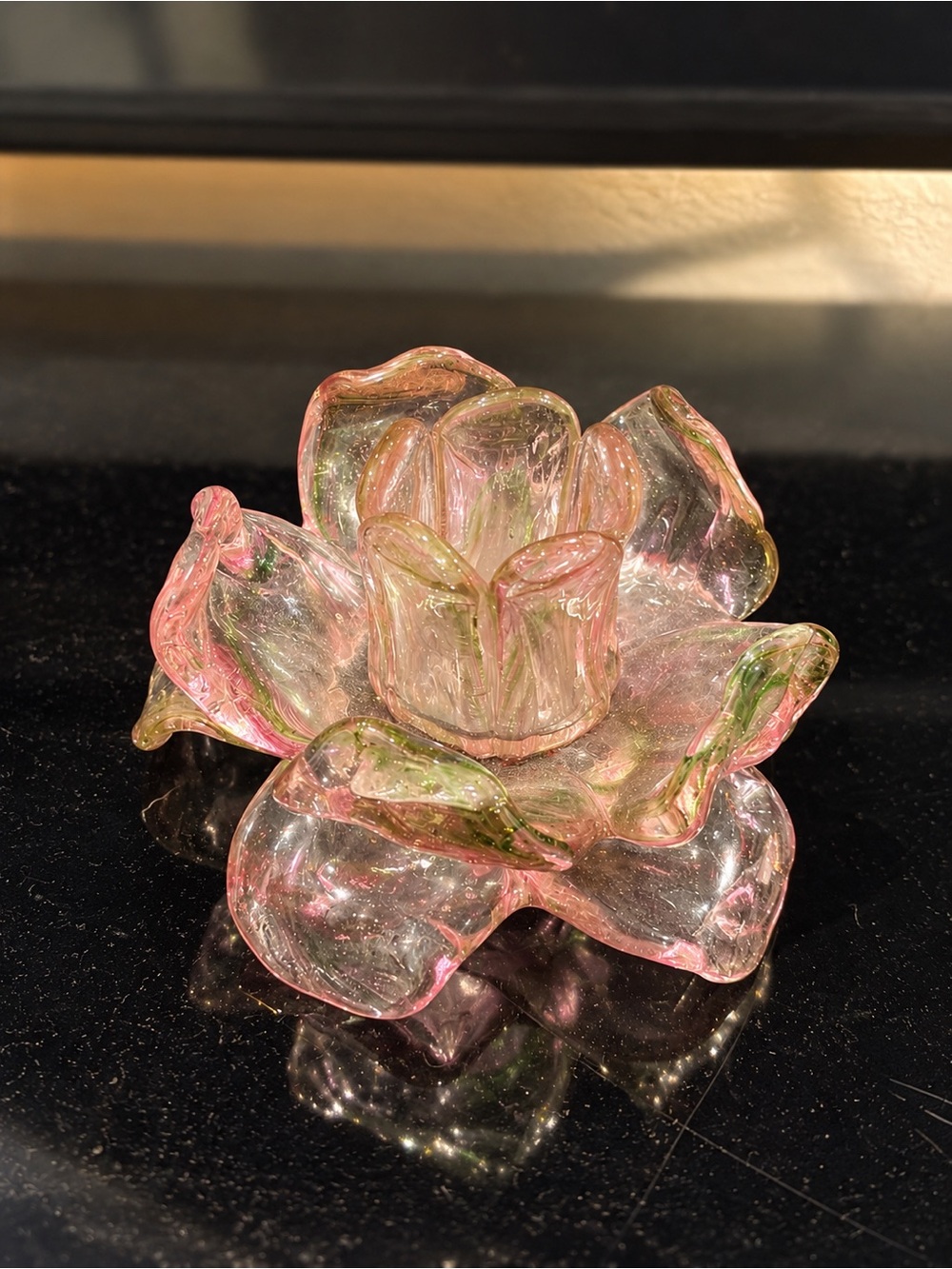 Pink Glass Flower Candle Holder with Subtle Green Accents